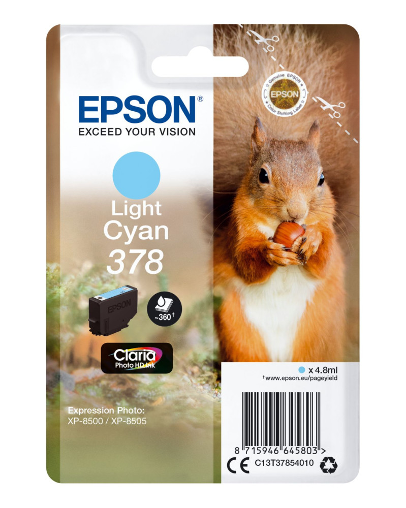 Epson Squirrel Singlepack Light Cyan 378 Claria Photo HD Ink cartridge in original packaging.
