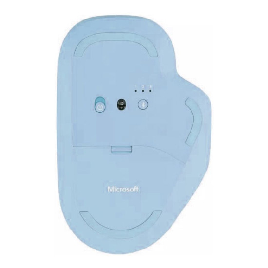 Microsoft 222-000-ERGO-BLUE Mouse in pastel blue colour - upside down showing power button, led light and bluetooth button