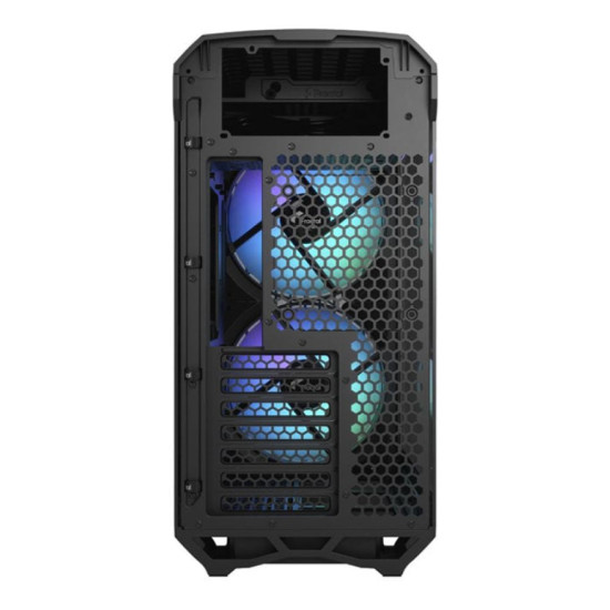 Detailed view of the Fractal Design Torrent Compact RGB Black EATX case emphasizing its tempered glass panel and RGB features.
