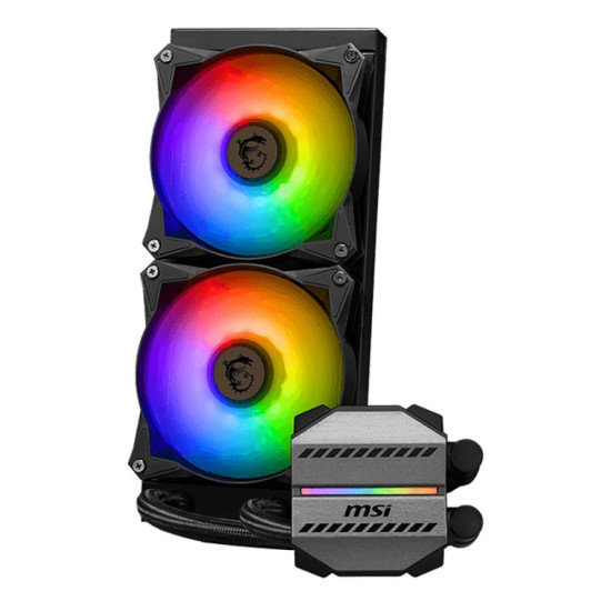 MSI Mag Coreliquid M240 all-in-one cooler with stylish black finish and RGB lighting.
