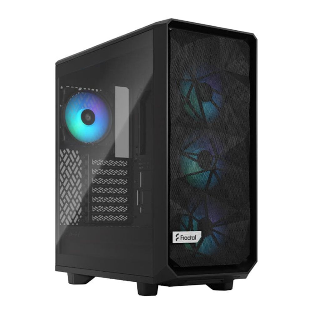 Fractal Design Meshify 2 RGB Black EATX Mid Tower case with tempered glass and dynamic RGB lighting.
