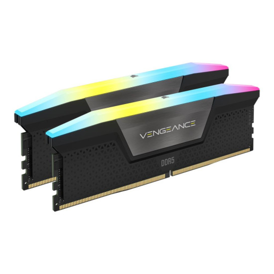 Corsair Vengeance RGB DDR5 RAM kit installed on a motherboard with glowing RGB.
