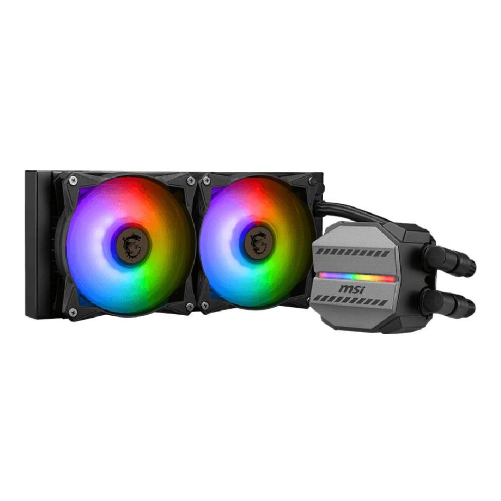 MSI Mag Coreliquid M240 all-in-one liquid cooler with dual fans and sleek black design.
