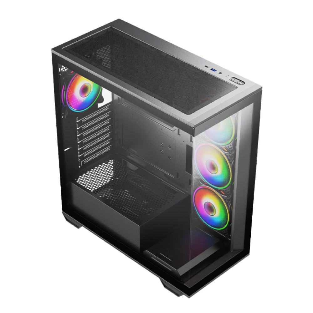 Vida Solus Black ARGB ATX PC case featuring sleek design and customizable RGB lighting.
