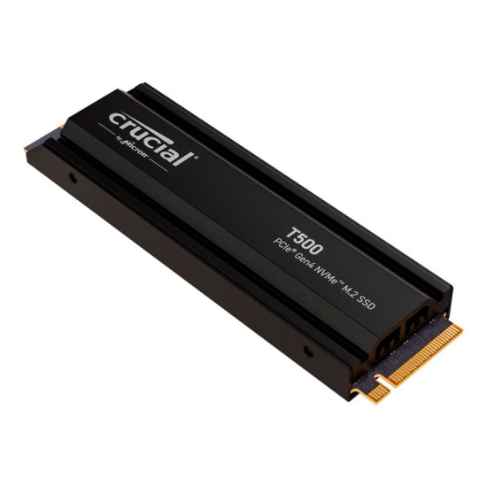 Detailed shot of Crucial T500 NVMe SSD with heatsink, perfect for high-performance systems.
