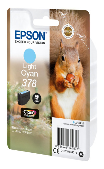 Epson Squirrel Singlepack Light Cyan 378 Claria Photo HD Ink cartridge with label details.
