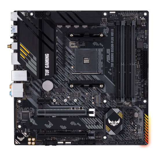 Close-up of ASUS TUF Gaming B550M-PLUS WIFI II motherboard showcasing reinforced PCIe slots