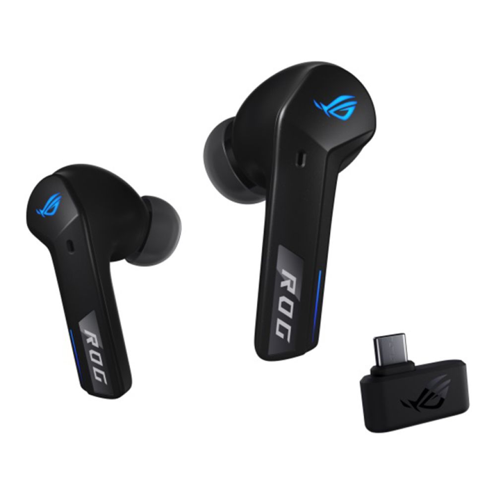 Close-up of ASUS ROG Cetra SpeedNova black in-ear gaming headphones featuring sleek design
