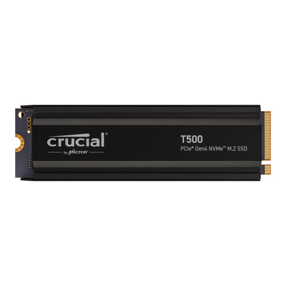 Crucial T500 1TB M.2 NVMe SSD with heatsink and PCIe 4.0 compatibility.
