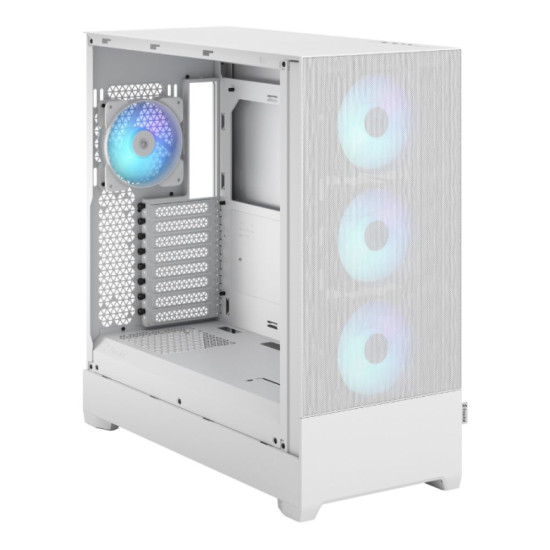 Close-up of the Fractal Design Pop XL Air RGB White EATX case showing tempered glass and stylish RGB features.
