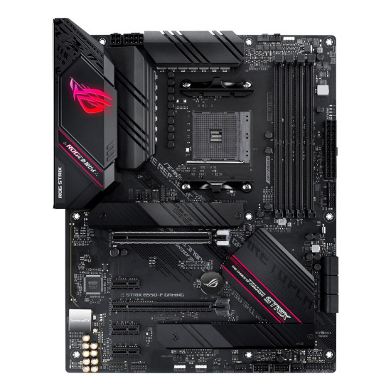 Close-up view of ASUS ROG STRIX B550-F Gaming motherboard with premium components
