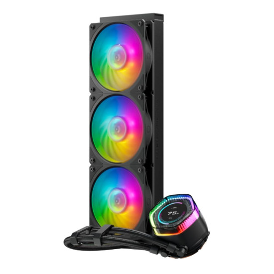 Close-up of the Cooler Master MasterLiquid 360 Ion’s ARGB pump and sleek design elements.
