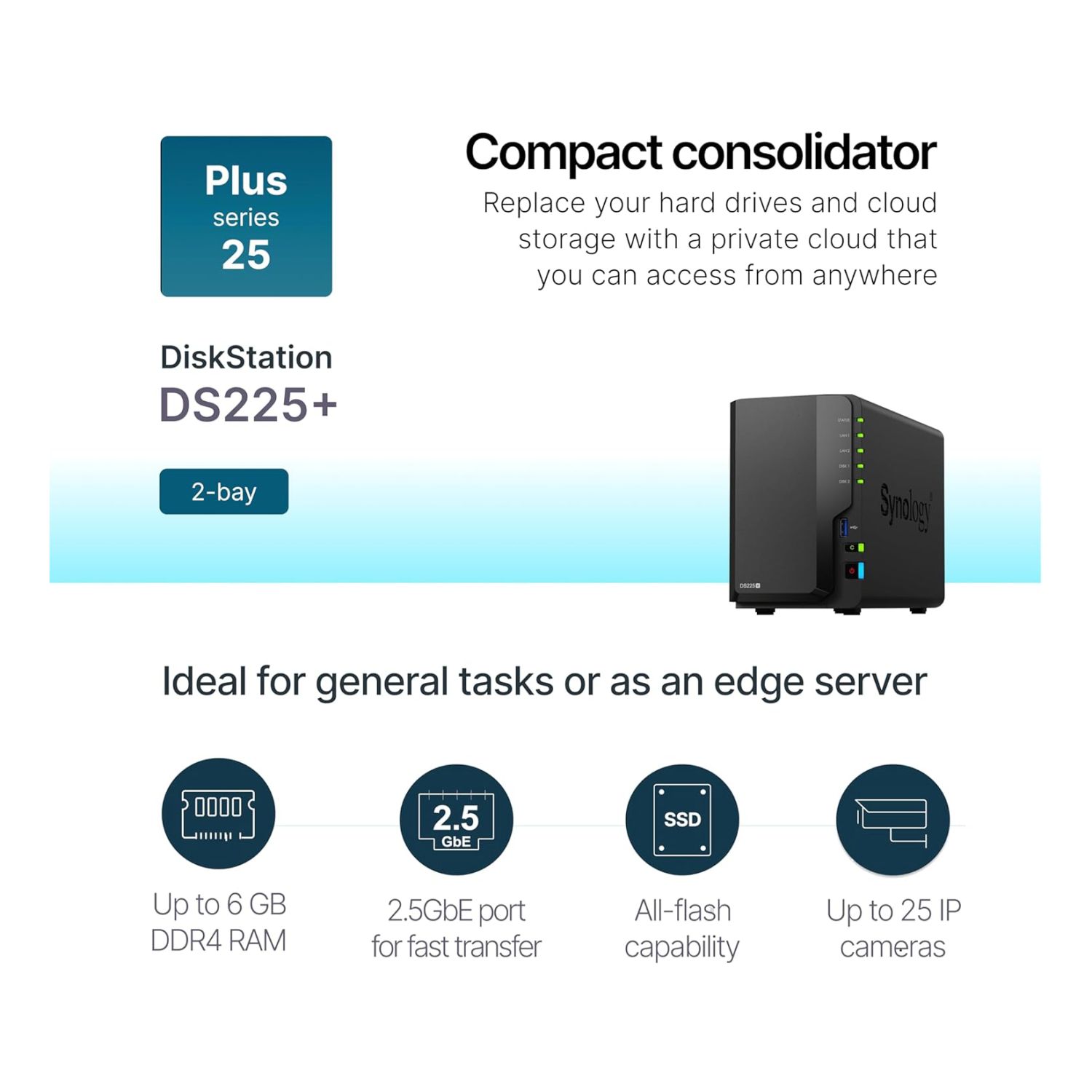 Synology DS225+ 2-Bay NAS Enclosure (2GB RAM) - Efficient Storage