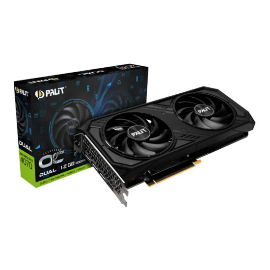 Close-up view of the Palit GeForce RTX 4070 DUAL OC with dual-fan cooling system.
