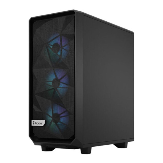Detailed image of Fractal Design Meshify 2 RGB Black EATX case featuring its transparent tempered glass and RGB features.
