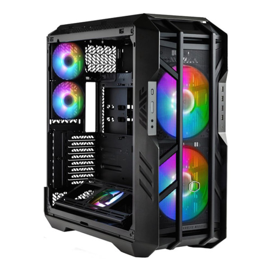 Detailed view of Cooler Master HAF 700 Full Tower case with tempered glass and robust frame.
