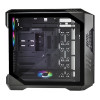 Close-up of Cooler Master HAF 700 case emphasizing its airflow vents and tempered glass panel.
