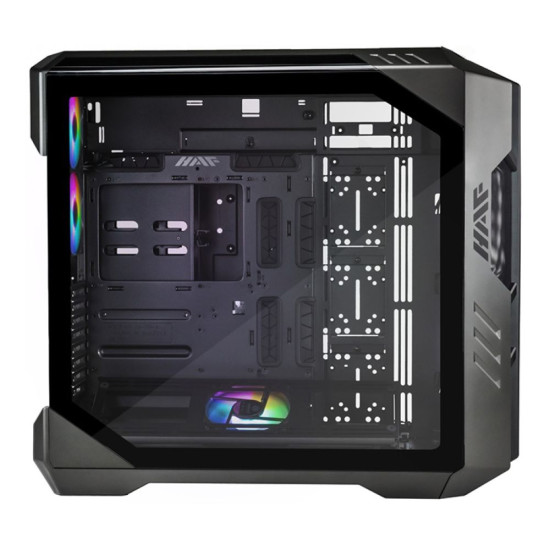 Close-up of Cooler Master HAF 700 case emphasizing its airflow vents and tempered glass panel.
