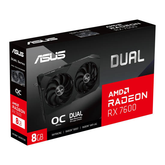 ASUS Dual Radeon RX 7600 V2 8GB graphics card featuring custom RGB lighting for personalized setups
