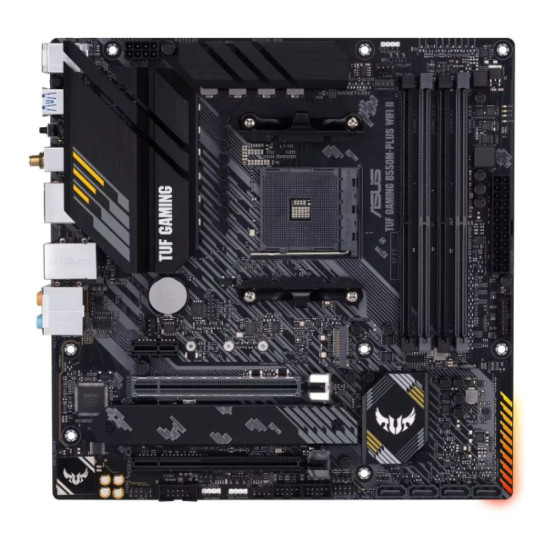 ASUS TUF Gaming B550M-PLUS WIFI II featuring RGB lighting support for customization
