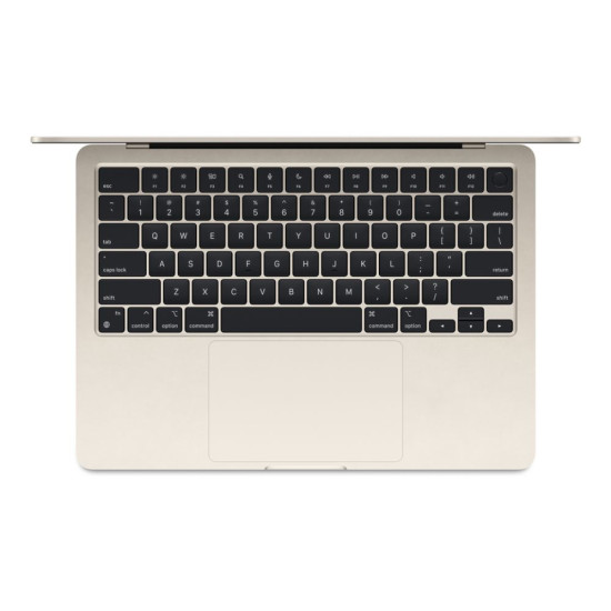 Side view of the Apple MacBook Air M3 showcasing its slim design and sleek Starlight color.
