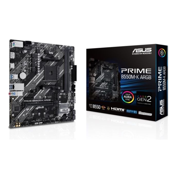 ASUS PRIME B550M-K ARGB AM4 micro ATX motherboard with DDR4 support for gaming and productivity
