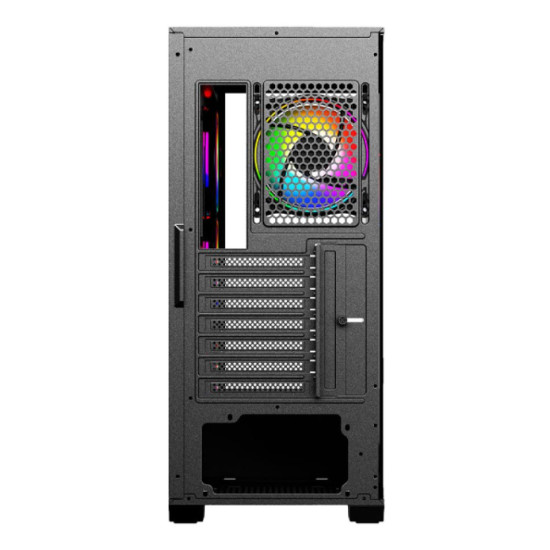 Vida Solus Black ARGB ATX PC case with RGB front panel for a vibrant, customizable aesthetic.
