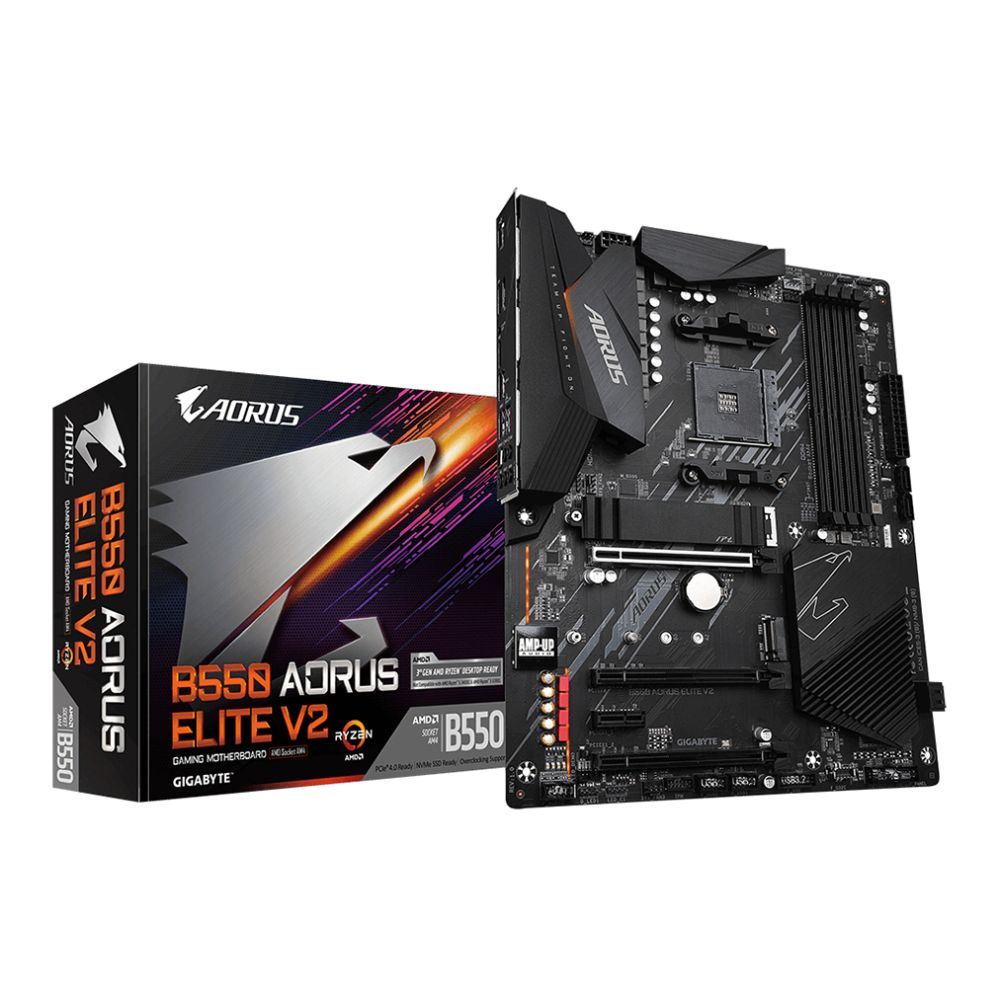 Gigabyte AMD Ryzen B550 AORUS ELITE V2 AM4 PCIe 4.0 ATX Motherboard with its packaging box