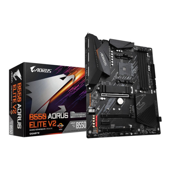 Gigabyte AMD Ryzen B550 AORUS ELITE V2 AM4 PCIe 4.0 ATX Motherboard with its packaging box