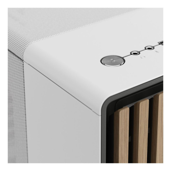 Close up of power button, speaker and mice audio jack on Fractal Design North Chalk FD-C-NOR1C-03 White PC Case 